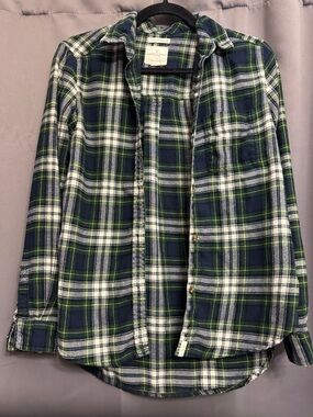 American Eagle Outfitters Navy, Green & White Plaid Button-Down Shirt